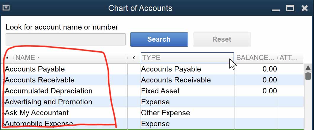 QuickBooks Desktop Chart of Accounts displaying Account Name only