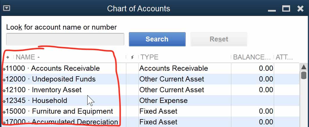 QuickBooks Desktop Chart of Accounts displaying Account with Number