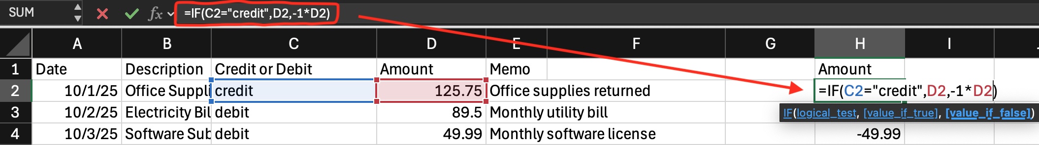 Example formula to convert column of amounts to positive and negative numbers