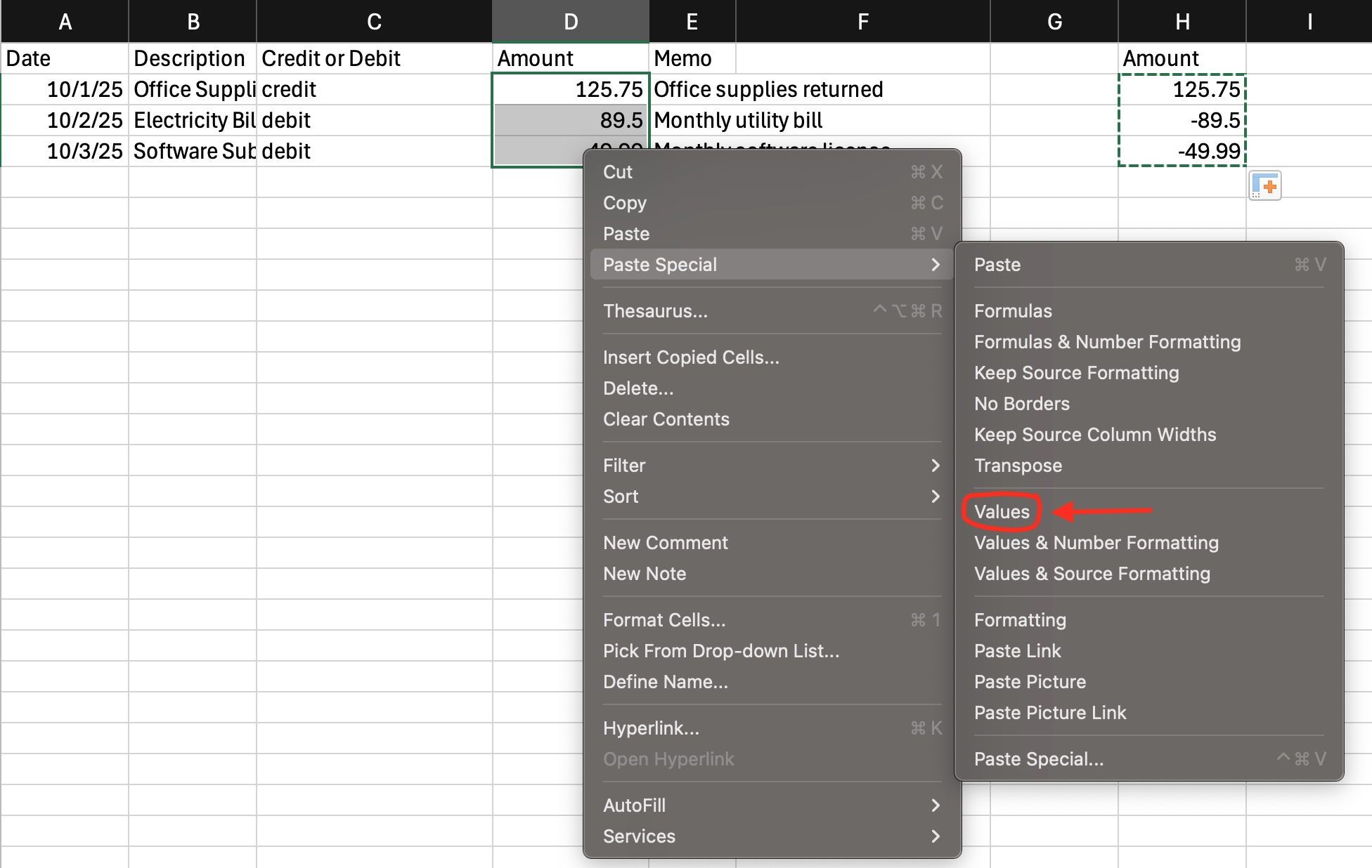 Copy the amounts and paste special as values
