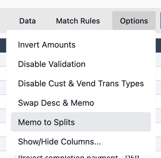 Duplicate transaction row memo to splits