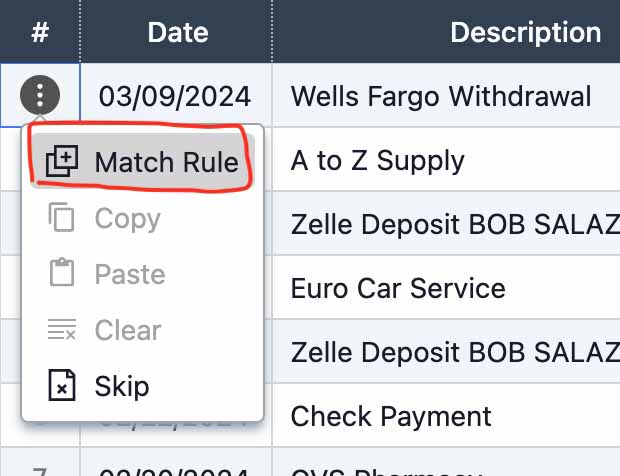 Transaction Editor Row Menu Item to Create a New Match Rule automatically