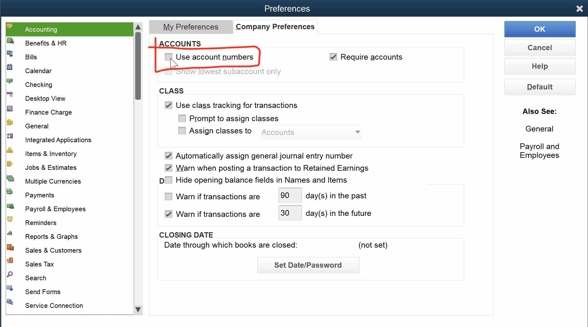 QuickBooks Desktop Chart of Accounts displaying Account with Number