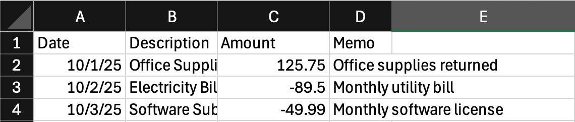 Remove extra columns and here is the final spreadsheet to import