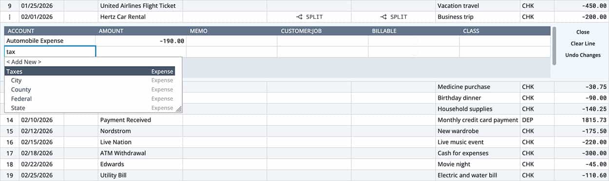 Splitting a transaction in the QuickConverter Transaction Editor