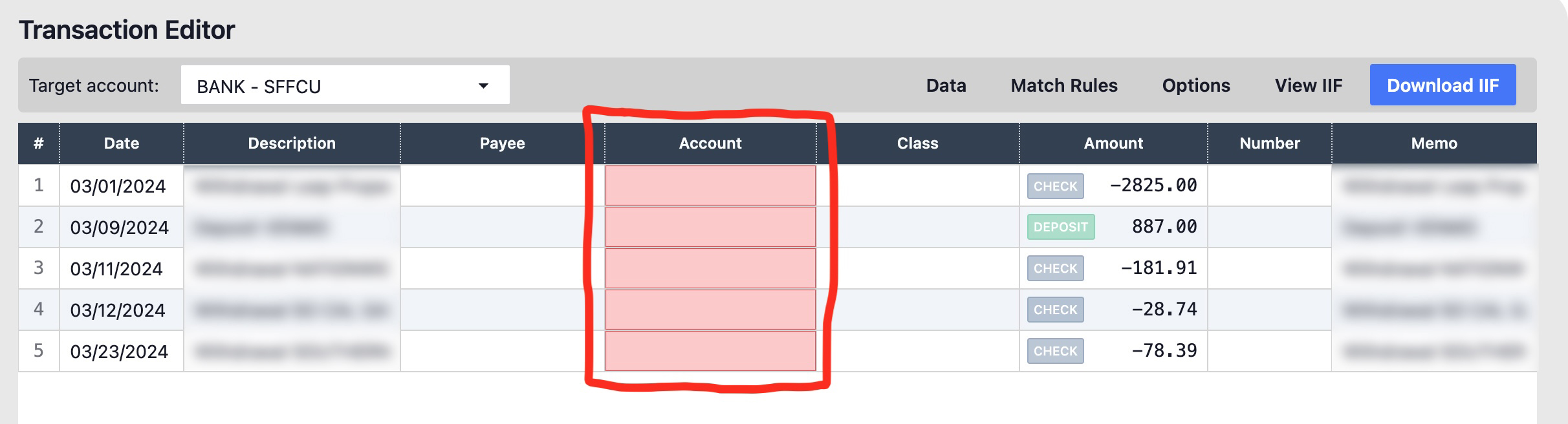 Spread sheet of transactions with highlighted account inputs to use